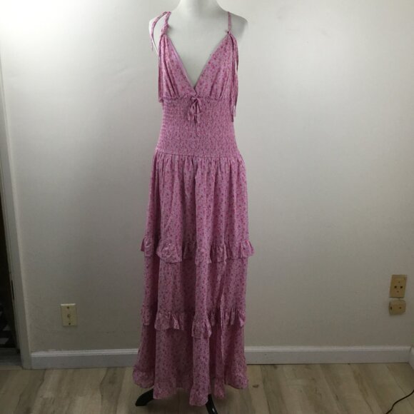 Wild Fable Floral Smocked Tiered Pink Maxi Dress m - Picture 8 of 9